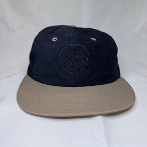 Vintage GE Black Strapback Hat Khaki Bill USA Made Leather Strap Tone-on-Tone